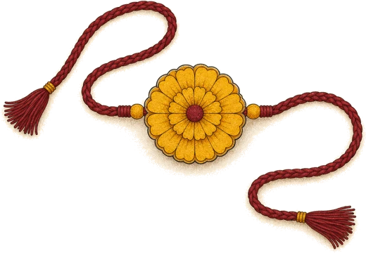 A rakhi with a marigold medallion and maroon threads
